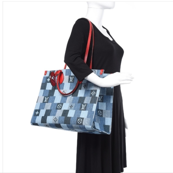 ❗️SOLD❗️2×🎉HP🎉Louis Vuitton Denim Damier Monogram Blue Rouge Onthego GM - Picture 7 of 16